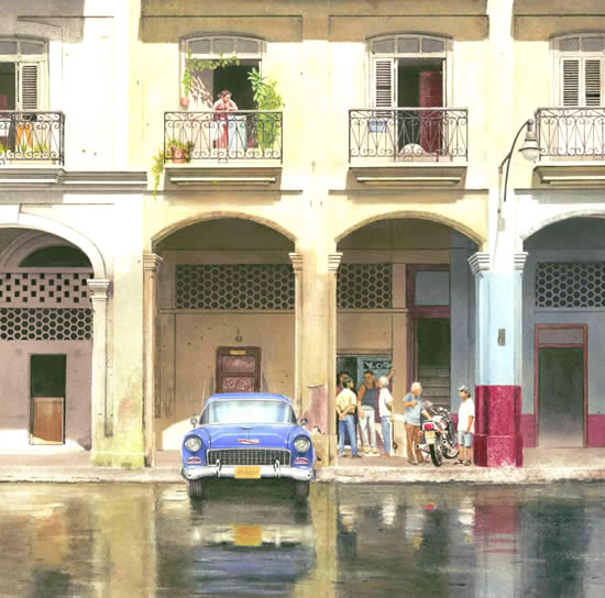 Havana Cuba Street & Car (After The Downpour) - Havana Cuba Art Collection. Paintings by award winning Surrey artist